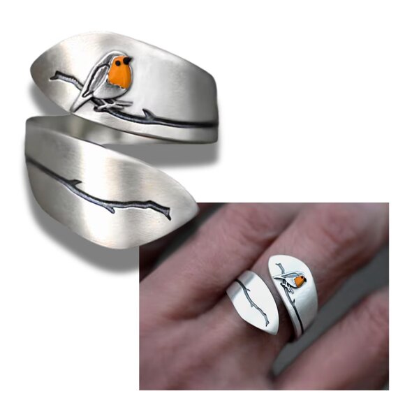 Brand New For Spring Robin Bird Nature Lover Theme Silver Dipped Cuff Ring - Picture 4 of 6
